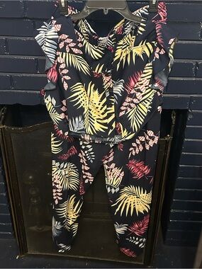 SHEIN Navy Tropical Leaf Print two piece set  with Yellow & Pink Accents